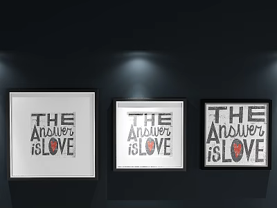 Three Framed The Answer is Love Art Prints on Dark Wall With Spotlights 3d model