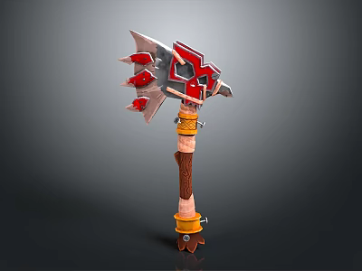 Decorative Battle Axe With Red And Silver Spiked Head Wooden Handle Yellow Straps 3d model