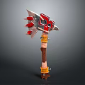 Decorative Battle Axe With Red And Silver Spiked Head Wooden Handle Yellow Straps