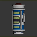 Mechanical Device Structure with Red Top Yellow Black Stripes and Blue Elements Metallic Cylindrical Design