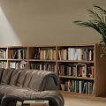 Modern Living and Dining Room Interior With Leather Sofa Coffee Table Stone Wall And Bookshelves