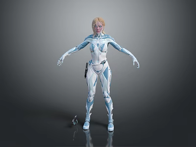 Futuristic female character in blue and white tech suit with small device on floor 3d model