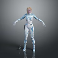 Futuristic female character in blue and white tech suit with small device on floor
