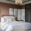 Elegant Bedroom Interior With Brown Walls White Bedding Chandelier And Patterned Rug
