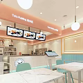 Bubble Tea Shop Interior Design With Counter Menu Screens Tables Chairs And Modern Lighting