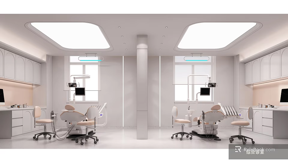 Modern Dental Clinic Interior With Dental Chairs Medical Equipment And Windows 3d model 