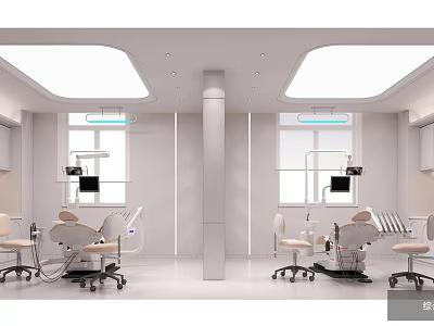 Modern Dental Clinic Interior With Dental Chairs Medical Equipment And Windows 3d model
