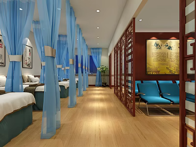 Chinese Style Relaxation Room With Blue Curtains Wooden Flooring And Screens 3d model