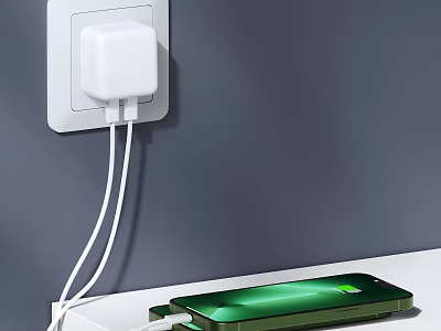 White USB Phone Charger Plugged in Wall Socket Charging Green Mobile Phone 3d model