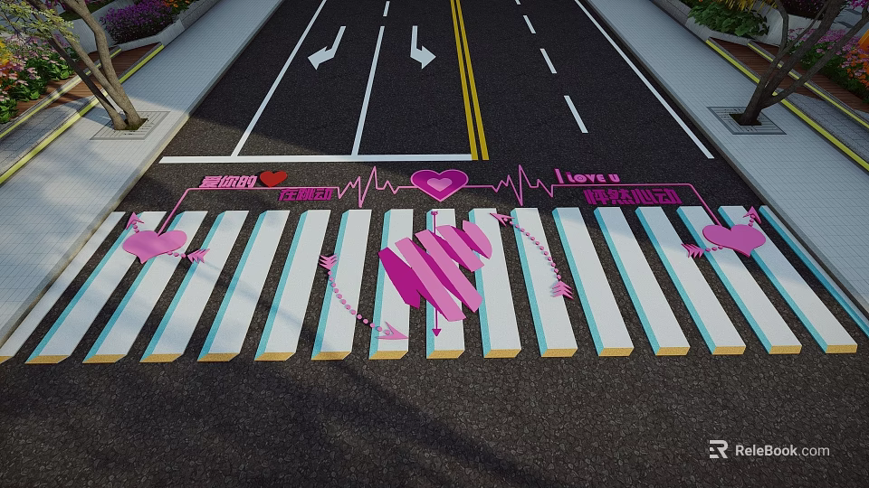 Creative Plaza Paving With Pink Hearts Music Notes And Arrow Patterns 3d model 