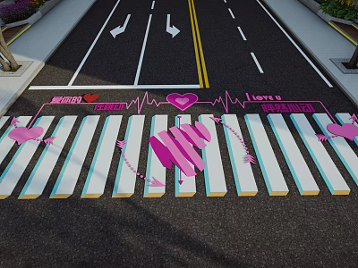 Modern creative love art zebra crossing commercial street road ground painted graffiti line interesting pavement marking 3d model