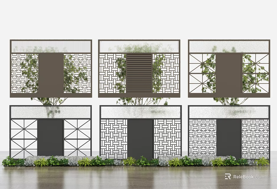 Modern Partition Design With Geometric Patterns Green Plants And Decorative Panels 3d model