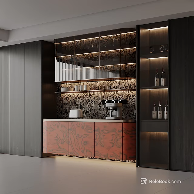 Modern Wine Cabinet Design With Glass Doors Built in Lighting And Wine Bottle 3d model 