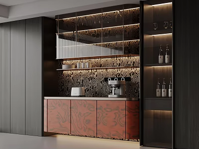 Modern Wine Cabinet Design With Glass Doors Built in Lighting And Wine Bottle 3d model