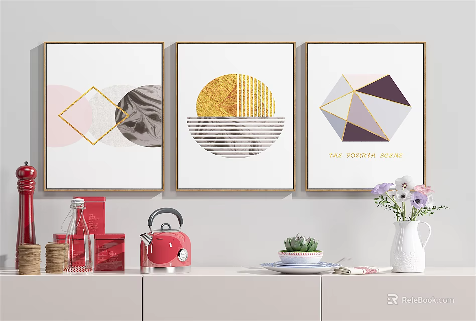 Modern Decorative Wall Art with Geometric Patterns and Home Accessories on Shelf 3d model