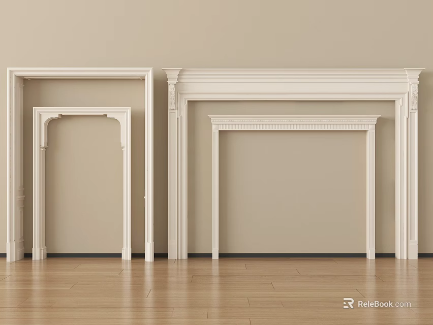 White Door Frames and Fireplace Frames with Beige Wall and Wooden Floor 3d model
