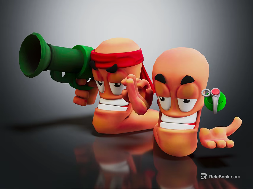 Cartoon Game Movie Characters with Red Headband Green Weapon Angry Grinning Faces 3d model 