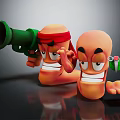 Cartoon Game Movie Characters with Red Headband Green Weapon Angry Grinning Faces