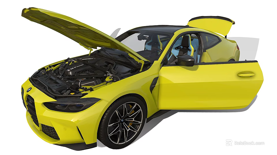 Yellow Sports Car With Open Hood And Doors Showcasing Engine Bay 3d model 