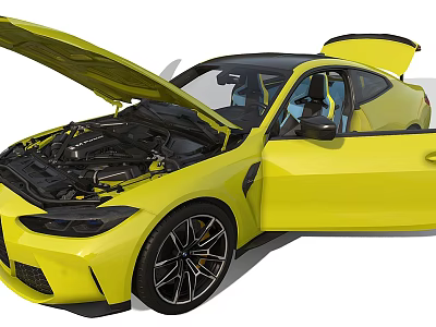 Yellow Sports Car With Open Hood And Doors Showcasing Engine Bay 3d model