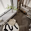 Modern Walk-in Closet Interior Design With Hanging Clothes Mirror Dressing Table And Faux Fur Rug