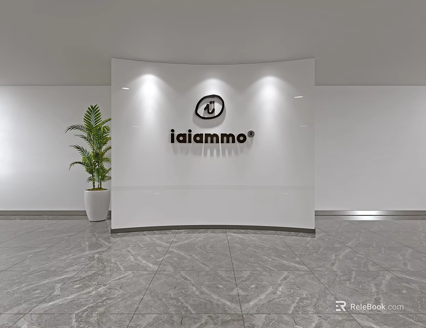 Modern Reception Desk With White Curved Backdrop Iaiammo Sign Green Plant And Marble Floor 3d model 