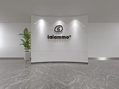 Modern Reception Desk With White Curved Backdrop Iaiammo Sign Green Plant And Marble Floor 3d model