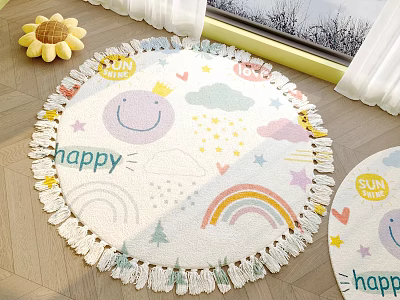 Kids Round Carpet Featuring Happy Smiley Rainbow Sun And Tassels 3d model