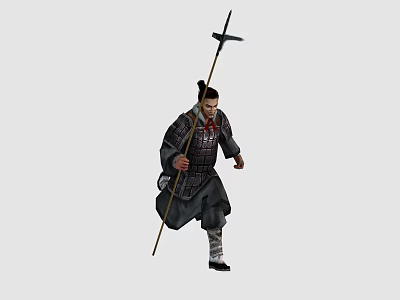 Ancient Armored Game Movie Character With Long Polearm Weapon In Dynamic Pose 3d model