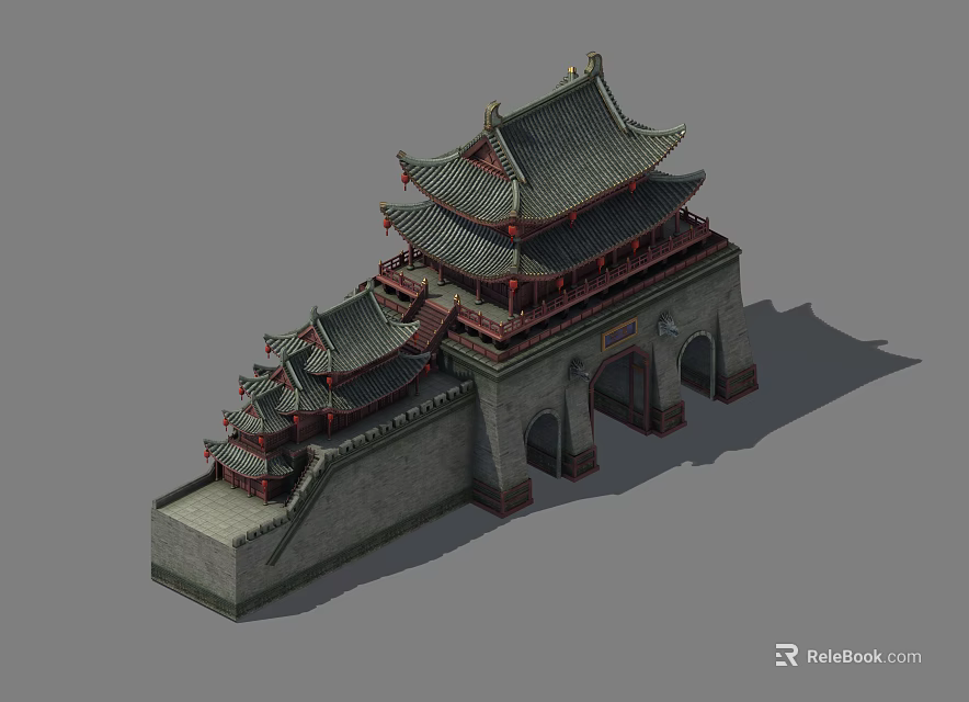 Ancient Chinese Architecture Traditional Gate Tower With Multi tiered Roofs And Stone Walls 3d model 