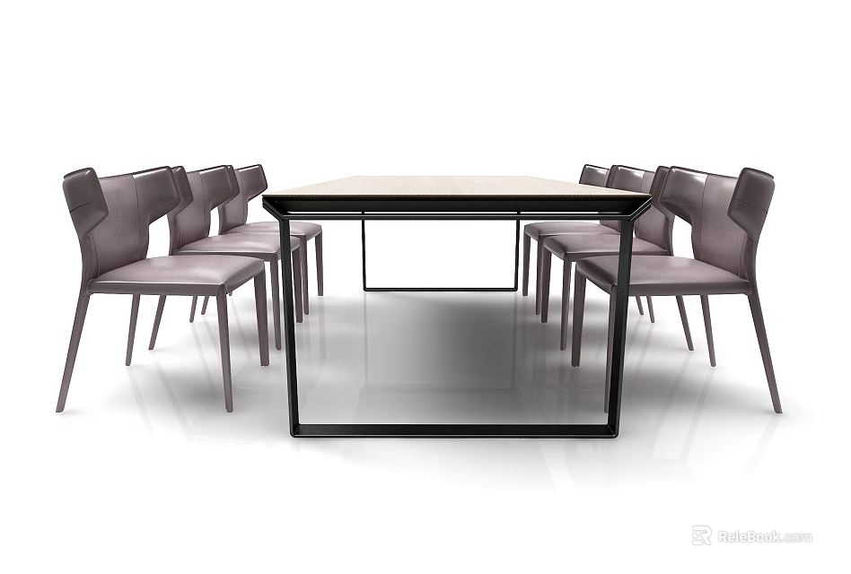 Modern Dining Table Set With Leather Chairs Metal Frame And Light Tabletop 3d model