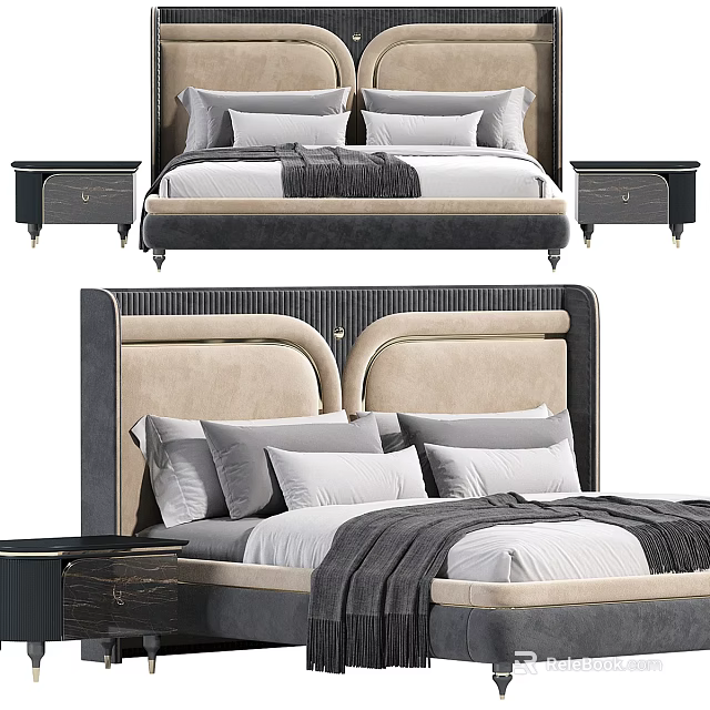 Modern Elegant Double Bed With Upholstered Headboard Bedside Tables And Soft Pillows 3d model