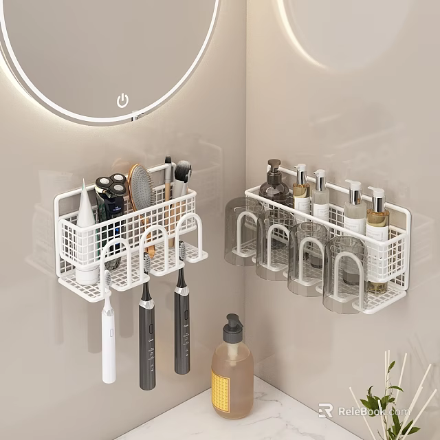 White Wall Mounted Bathroom Shelf for Toiletries Storage with Mesh Design 3d model 