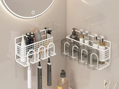 White Wall Mounted Bathroom Shelf for Toiletries Storage with Mesh Design 3d model