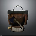 Vintage Leather Backpack With Rolled Black Top Side Axe Knife And White Emblem