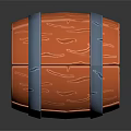 Decorative Wooden Barrel With Orange Body Blue Metal Hoops And Wood Grain Texture