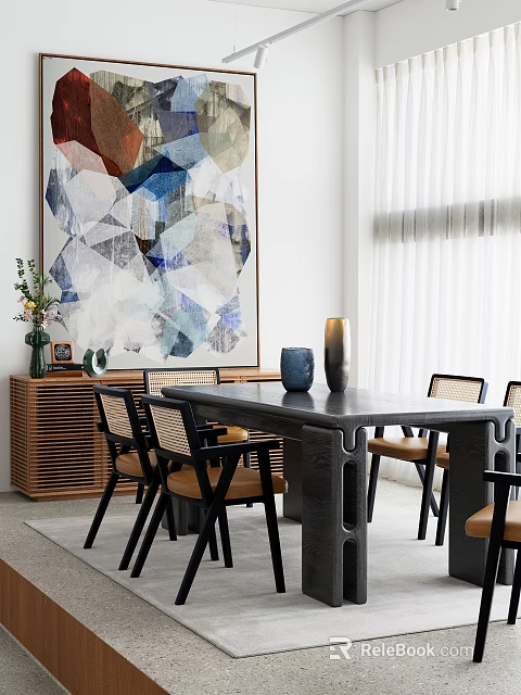 Modern Dining Table Set With Rattan Chairs Abstract Painting And Wooden Cabinet 3d model 