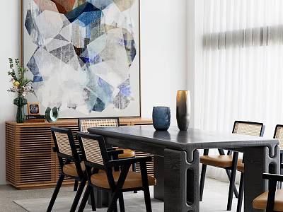 Modern Dining Table Set With Rattan Chairs Abstract Painting And Wooden Cabinet 3d model
