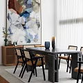 Modern Dining Table Set With Rattan Chairs Abstract Painting And Wooden Cabinet