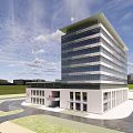 Modern Hospital Exterior Building With Red Cross Symbol And Waterfront View