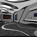 Modern Exhibition Hall With Curved White Black Structures And Display Screens
