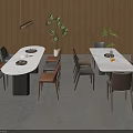 Modern Dining Table Set With Oval Rectangular Marble Tops Brown Gray Chairs And Potted Plants 3d model