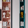 Modern TV Cabinet with White Pink Teal Design Open Shelves Books and Decorative Sculptures