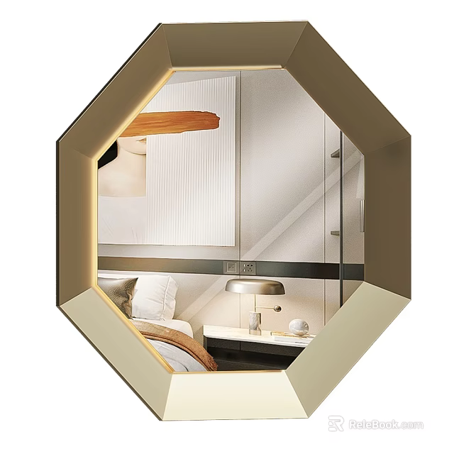 Elegant Octagonal Mirror Reflecting Bedroom With Bedside Table And Lamp 3d model