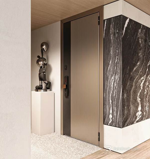 Modern Metal Security Door Design With Marble Wall And Sculpture Decoration 3d model 