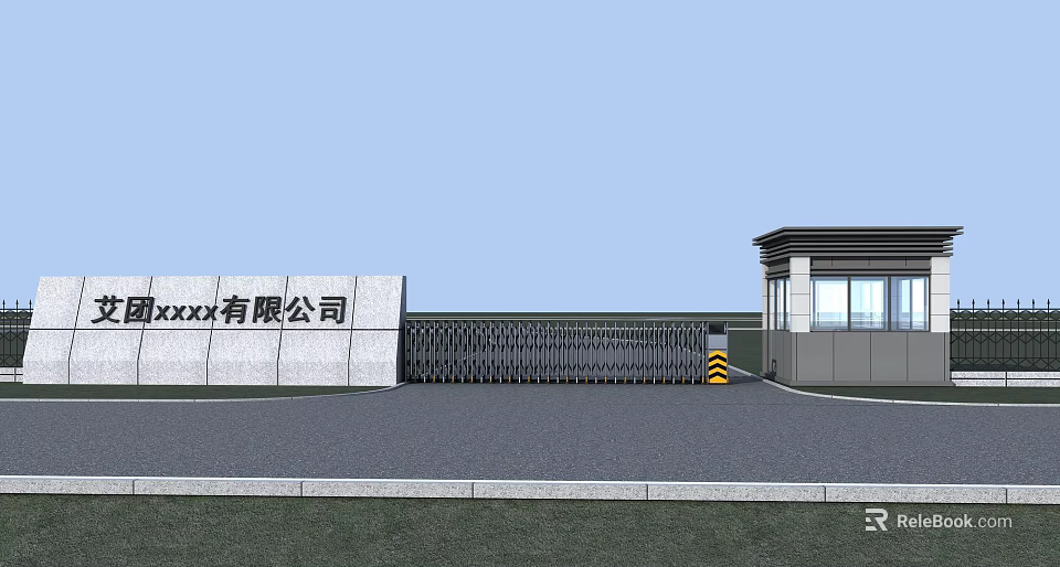 Modern Industrial Entrance Gate With Metal Fence Company Signboard And Building 3d model 