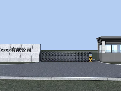 Modern Industrial Entrance Gate With Metal Fence Company Signboard And Building 3d model