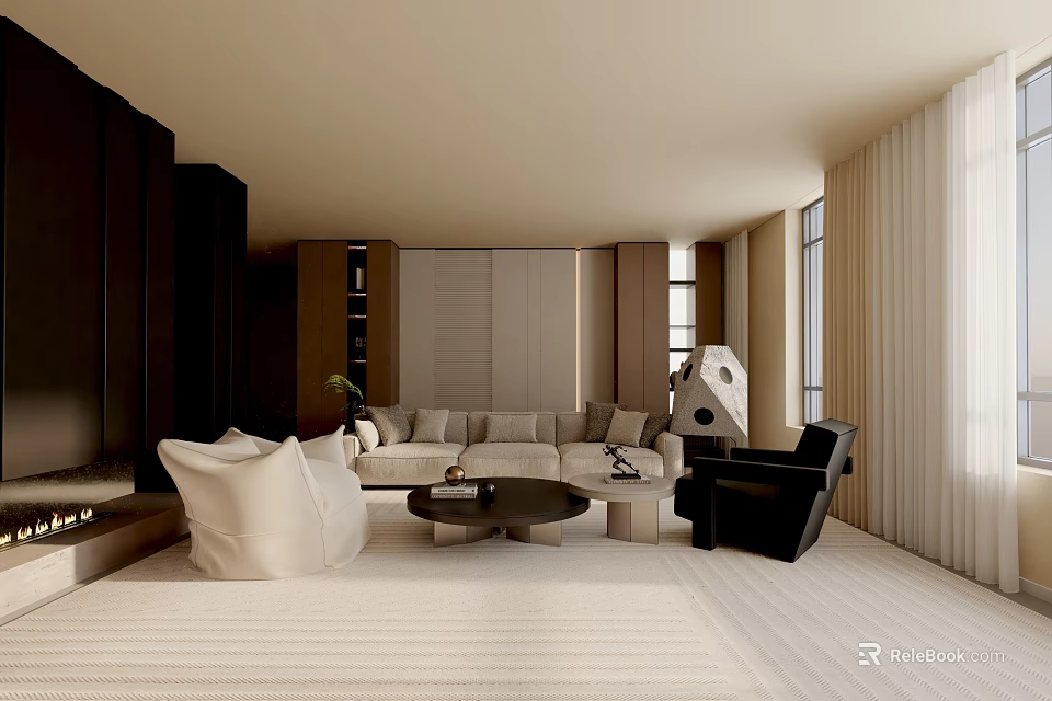 Modern Living Room Interior Design With Beige Sofa Coffee Table Black Armchair And Light Curtains 3d model 