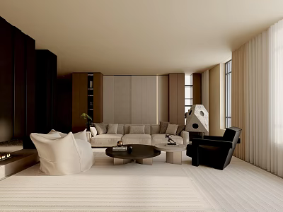 Modern Living Room Interior Design With Beige Sofa Coffee Table Black Armchair And Light Curtains 3d model