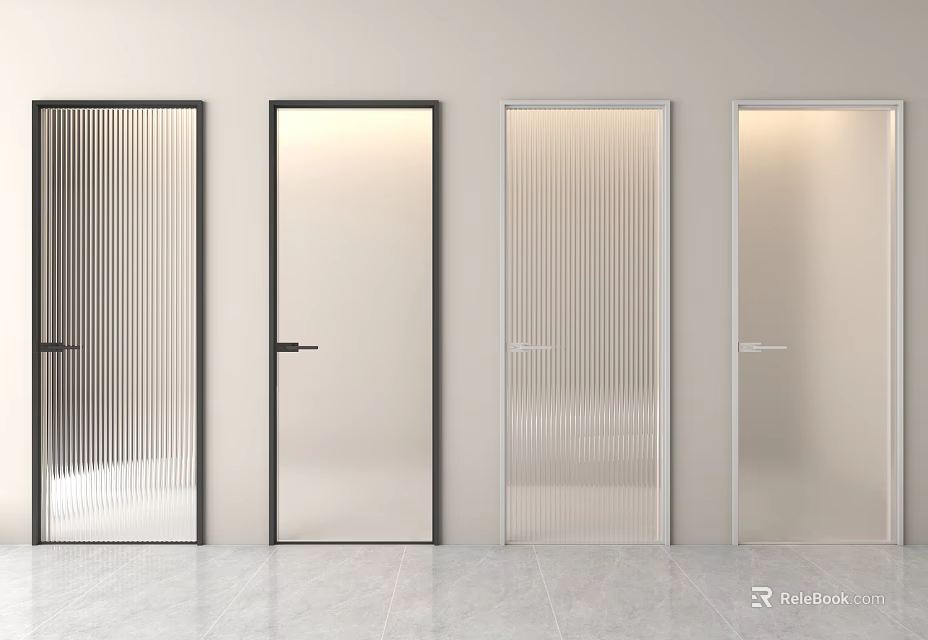 Modern Flush Doors With Various Glass Designs And Black White Frames 3d model 
